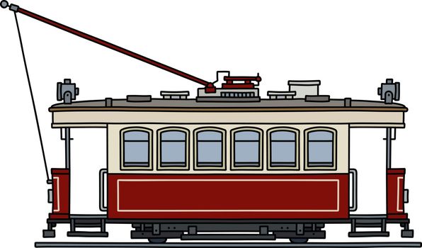 The vectorized hand drawing of a classic dark red and white tramway
