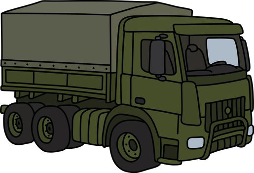 The vectorized hand drawing of a khaki military truck