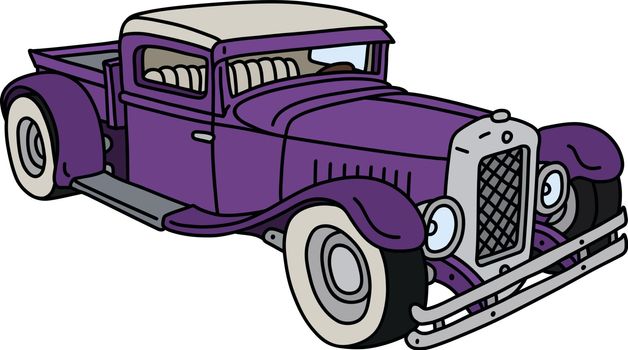 The vectorized hand drawing of a funny violet hotrod truck