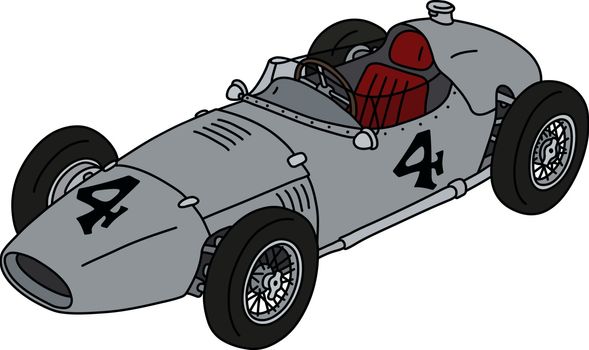 The hand drawing of a vintage silver racecar