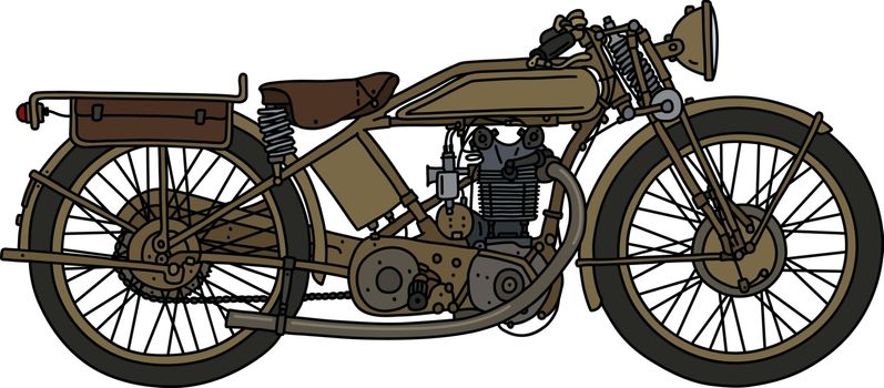 The hand drawing of a vintage sand military motorcycle