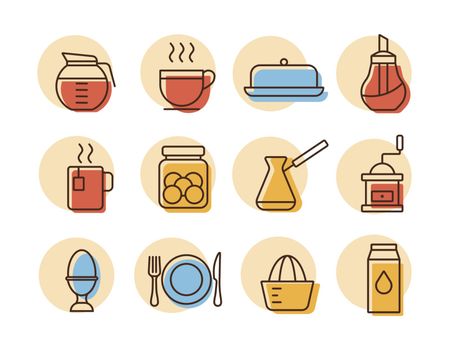 Breakfast and kitchen vector icon set. Graph symbol for cooking web site and apps design, logo, app, UI