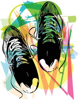 Pair of running shoes laid on abstract background vector illustration