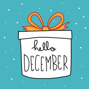 Hello December word in gift box cartoon vector illustration doodle style