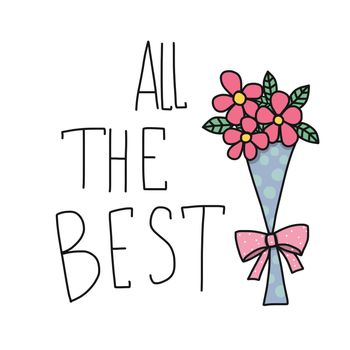 All the best word and pink flower bouquet cartoon vector illustration doodle style