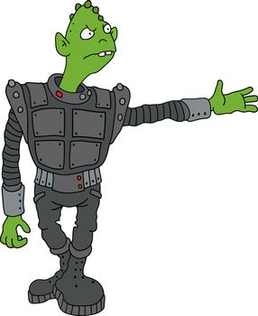 Hand drawing of a funny green alien in a dark armour