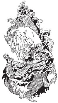 mythological sea horse hippocampus or hippocamp. Black and white tattoo vector illustration