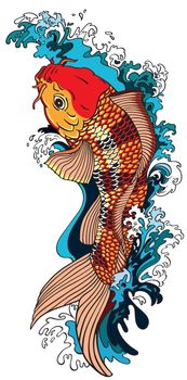 koi carp gold fish swimming upstream. Vector illustration tattoo style drawing