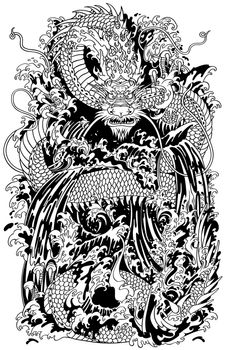 Japanese water dragon a traditional mythological deity creature in the sea or river splashes. Black and white tattoo style vector illustration