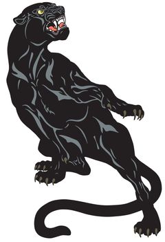 Angry black panther. Attacking pose . Tattoo vector illustration