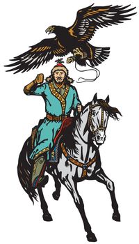 eagle hunter on a horse . Asian horseman sitting on a pony horseback and golden eagle in flight .Isolated vector illustration