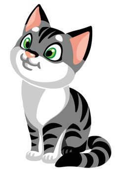 sitting cartoon grey cat isolated on white . Vector illustration for baby and little kid