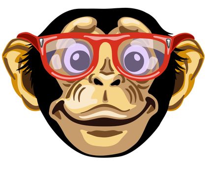 Head of cartoon chimp ape or chimpanzee monkey wearing glasses and smiling cheerful with a big smile. Positive and happy emotion. Front view. Isolated vector illustration