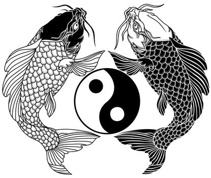 two koi carp fishes and the circle of yin yang symbol. Tattoo. Black and white vector illustration