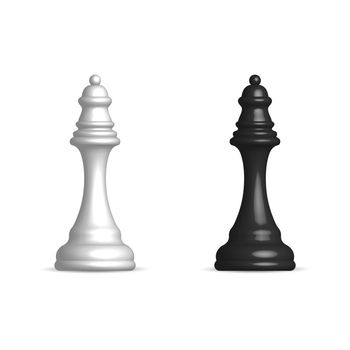 Photo realistic black and white chess piece queen. Front view, vector illustration.