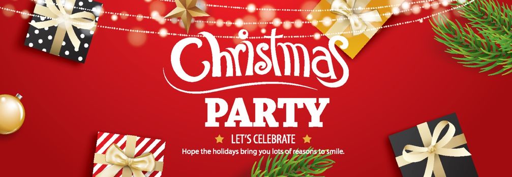 Invitation merry christmas party poster banner and card design template on red background. Happy holiday and new year with tree and gift box theme concept.