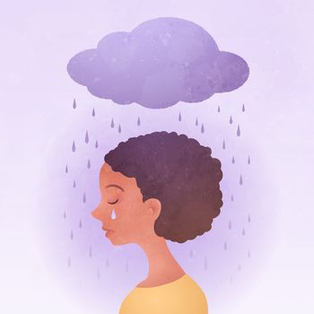 Anxiety, Obsessive compulsive, ADHD, and Mental disorders concept. Closeup sad young woman with a rainy cloud above the head. Conceptual vector illustration.