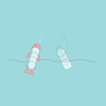 Plastic water bottle leading to plastic debris in the ocean, then are eaten by fish, passing those toxins on to us. Ocean plastic pollution concept. Vector illustration.