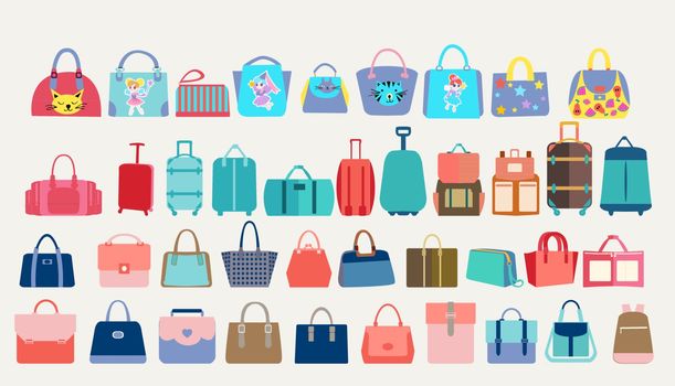  Big Set of colorful stylish cartoon women bags, travel bags and tourist luggage. Vector symbols of fashion modern leather accessories.