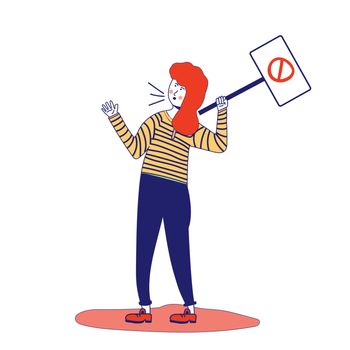 Woman holds a poster, protesting activist, workers strike. Worker holds a blank banner, takes part in the parade. Demo manifesto with blank space for text. A single picket for women's rights. A feminist. Vector illustration, blue line, in cartoon style