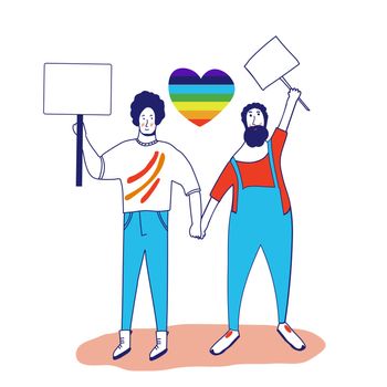 Gay pride. Picket LGBTQ. Different sexual orientation Concept of sexual discrimination protest. Crowd people fight for rights, freedom. Vector illustration in flat style isolated on a white background
