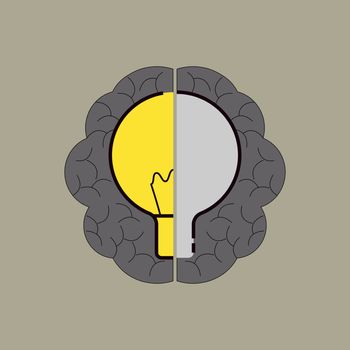 Light bulb shape gimmick on the brain background: left half as a bulb and right half as a question mark represent brain working process. Solve problem concept. Vector illustration.