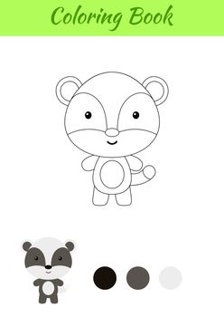 Coloring page happy little baby badger. Printable coloring book for kids. Educational activity for kindergarten and preschool with cute animal. Flat cartoon colorful vector illustration.