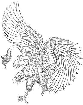 Flying Griffin, griffon, or gryphon. A mythical beast having the body of a lion and the wings and head of an eagle. Black and white outline vector illustration