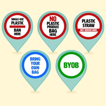 Set of plastic pollution awareness sign in shape of location symbol as a gimmick to specify the place. Stop plastic pollution concept. Vector illustration.