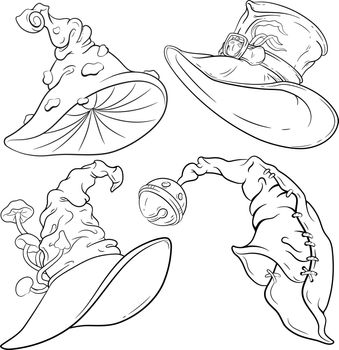 Fairytale hats line art vector set. Colored and line art versions. For web, clothes and graphic design, prints, posters, cover, package, stickers, cards and party invitations. Clothes design
