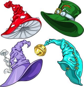 Fairytale hats vector illustration set. Colored and line art versions. For web, clothes and graphic design, prints, posters, cover, package, stickers, cards and party invitations. Clothes design
