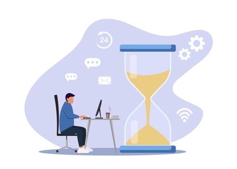Time to work. Time-management project plan schedule. Sand clock. Flat vector illustration