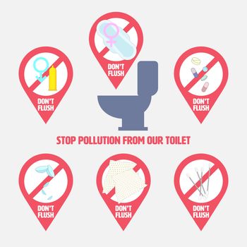 Things don’t flush down the toilet object set. Elements for creating your own artwork. Stop pollution from our toilet concept. Vector illustration.