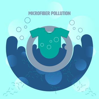 By washing clothes microfiber shedding and flow down the drain into waterway. Microfiber pollution concept. Vector illustration.