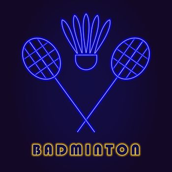 Neon illumination of badminton. Bright racket shuttlecock. Modern vector logo, icon, banner, shield, screen, image labels, baminton. Night advertising on the background of a brick wall.