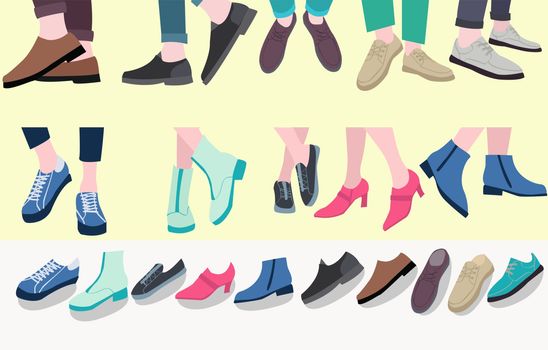Vector set of pairs stylish footwear male and female legs in the shoes for Different Seasons, Flat design.  
