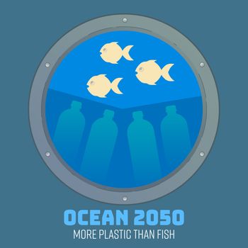 More than 1:1 Pie chart apply to a ship window as a gimmick to inform situation of ocean plastic pollution in 2050. More plastic than fish in the ocean concept. Vector illustration.