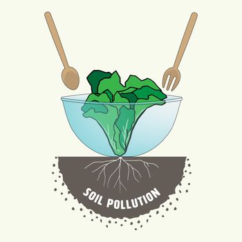 Vegetable in salad bowl connected to root in soil representing soil pollution impact to food consumption. Vector illustration.
