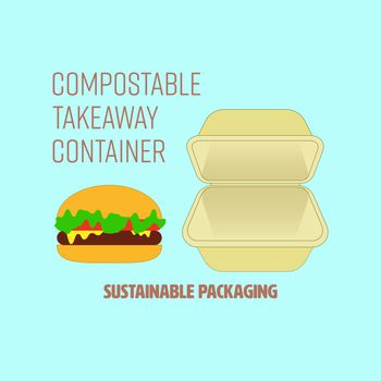 Hamburger and compostable cornstarch food container with text representing sustainable packaging. Vector illustration.