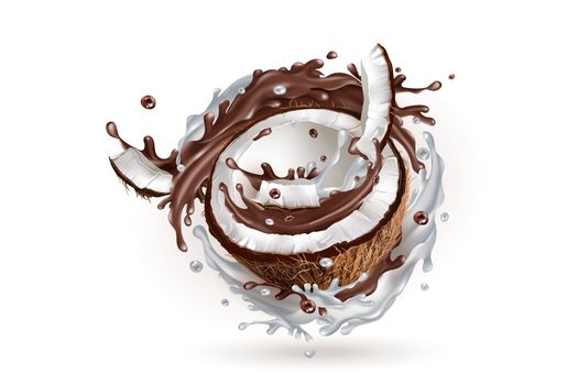 Half a coconut in a milky and chocolate splash on a white background. Realistic vector illustration.
