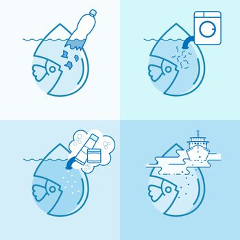 Microplastic pollution symbol set. Causes of contamination of water. Effect of toxic waste on marine animal. Vector illustration outline flat design style.