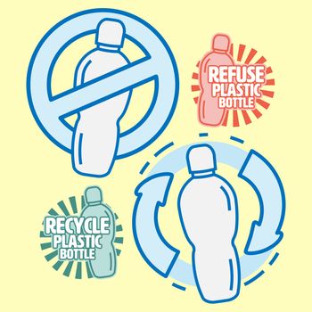 Refuse and recycle plastic bottle symbol set. Element of design for single-use plastic pollution. Vector illustration outline flat design style.