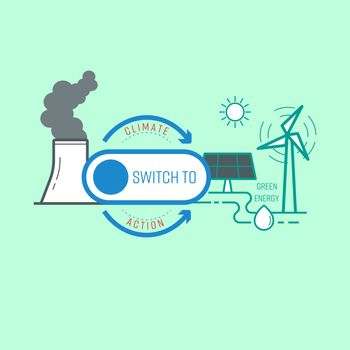 Switch button as a gimmick representing action of turning to green energy, helping to reduce climate change. Vector illustration outline flat design style.