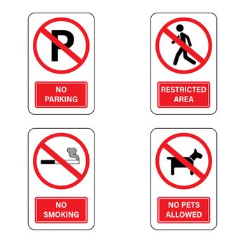 No sign set. No parking, no smoking, no pet allowed and restricted area symbols. Vector illustration outline flat design style.