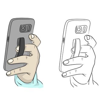 Close-up hand holding smartphone with back elastic finger grip strap band holder vector illustration sketch doodle hand drawn with black lines isolated on white background