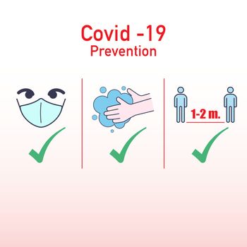 Covid-19 prevention infographic set. Wash your hands, Wear a facemask and social distacing. Vector illustration outline flat design style.