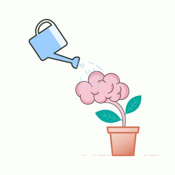 Watering the brain tree, a metaphor for maintain the brain. Vector illustration concept outline flat design style.