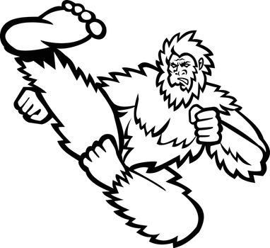 Mascot illustration of a Bigfoot or Sasquatch, a hairy ape like creature, doing a taekwondo Martial arts flying kick and kicking on isolated background in retro black and white style.