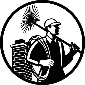 Illustration of a chimney sweep holding sweeper and rope viewed from side with chimney in back set inside circle on isolated background done in retro Black and White style.