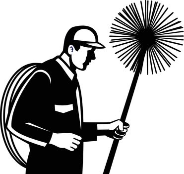 Black and white retro style illustration of a chimney sweeper holding a sweep or broom and rope viewed from side on isolated white background.